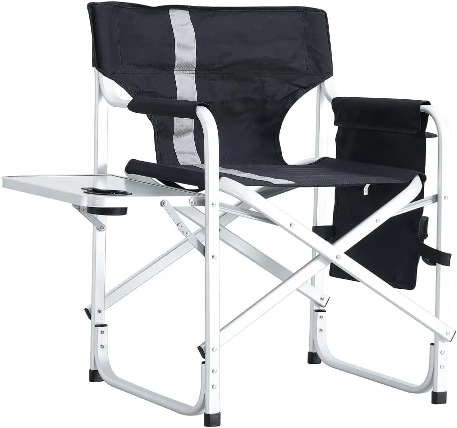 1-Piece Padded Folding Outdoor Chair with Side Table and Storage Pockets,Lightweight Oversized Directors Chair for Indoor, Outdoor Camping, Picnics and Fishing,Black/Grey