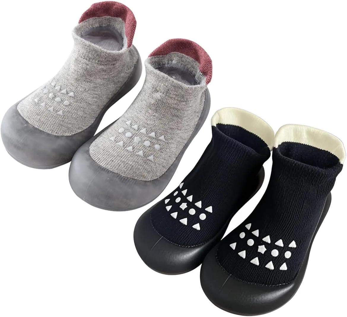 2 Pairs Baby Sock Shoes Boys Girls Non Slip Soft Rubber Sole Sneakers Toddler Infant Slip On Slippers First Walking Shoes