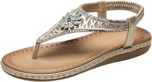 2025 Fashion T-Strap Boho Sandals Summer Rhinestones Strappy Thong Flats Beach Holiday Sandal Footwear Walking Shoes