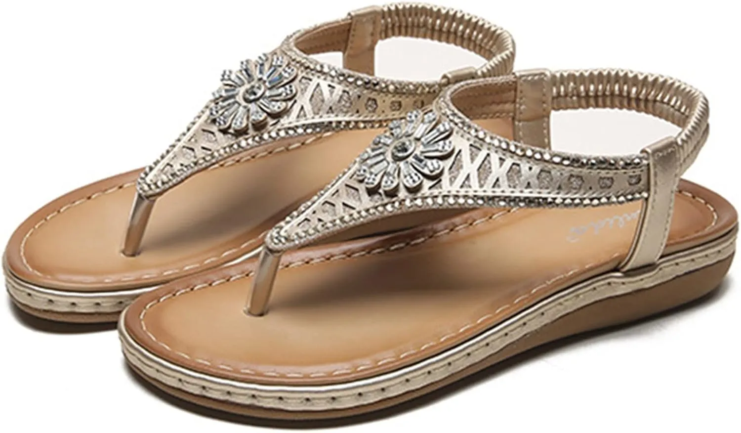 2025 Fashion T-Strap Boho Sandals Summer Rhinestones Strappy Thong Flats Beach Holiday Sandal Footwear Walking Shoes