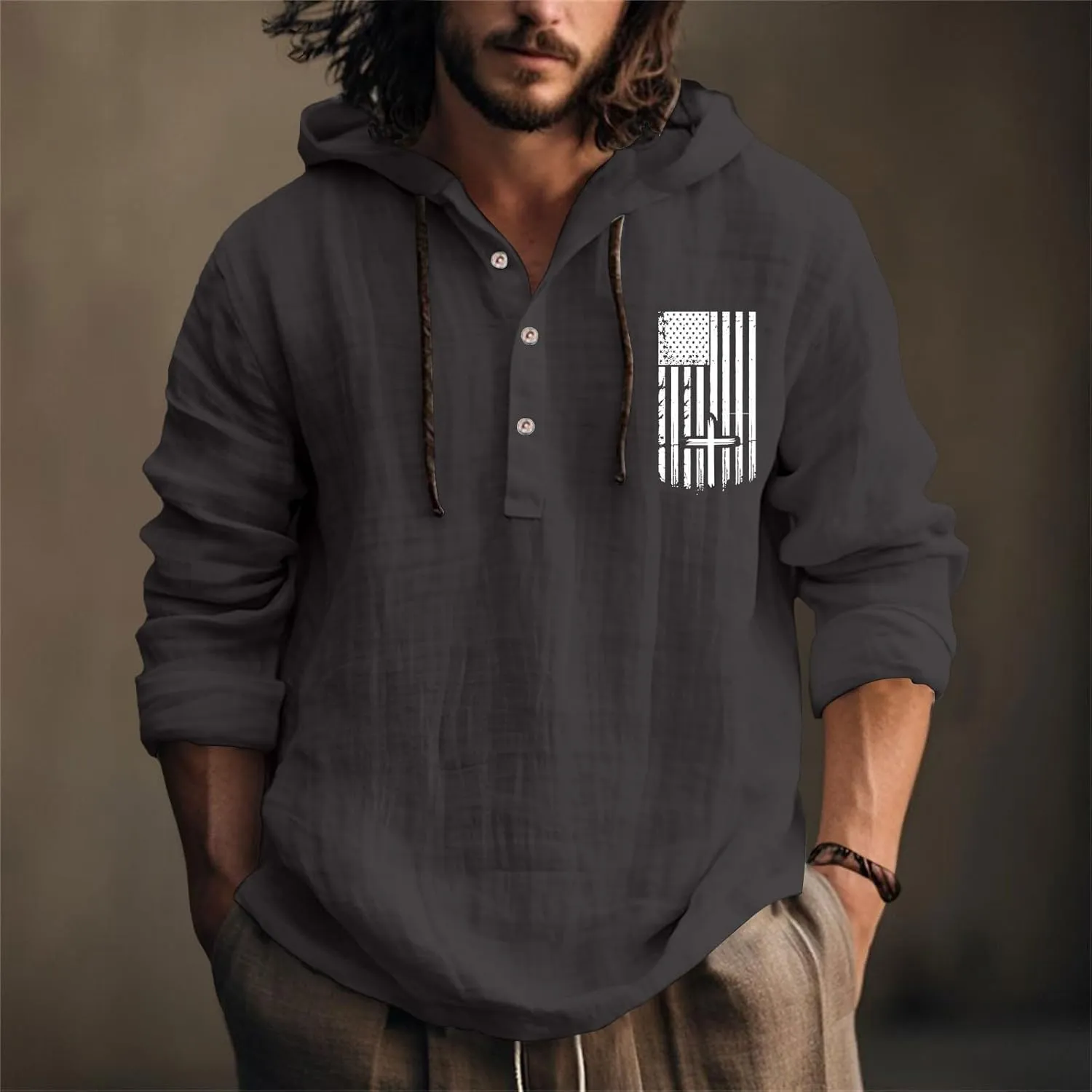 4th of July Linen Henley Shirts for Men Big and Tall USA Flag Printed Button up Collar Hoodies Lightweight
