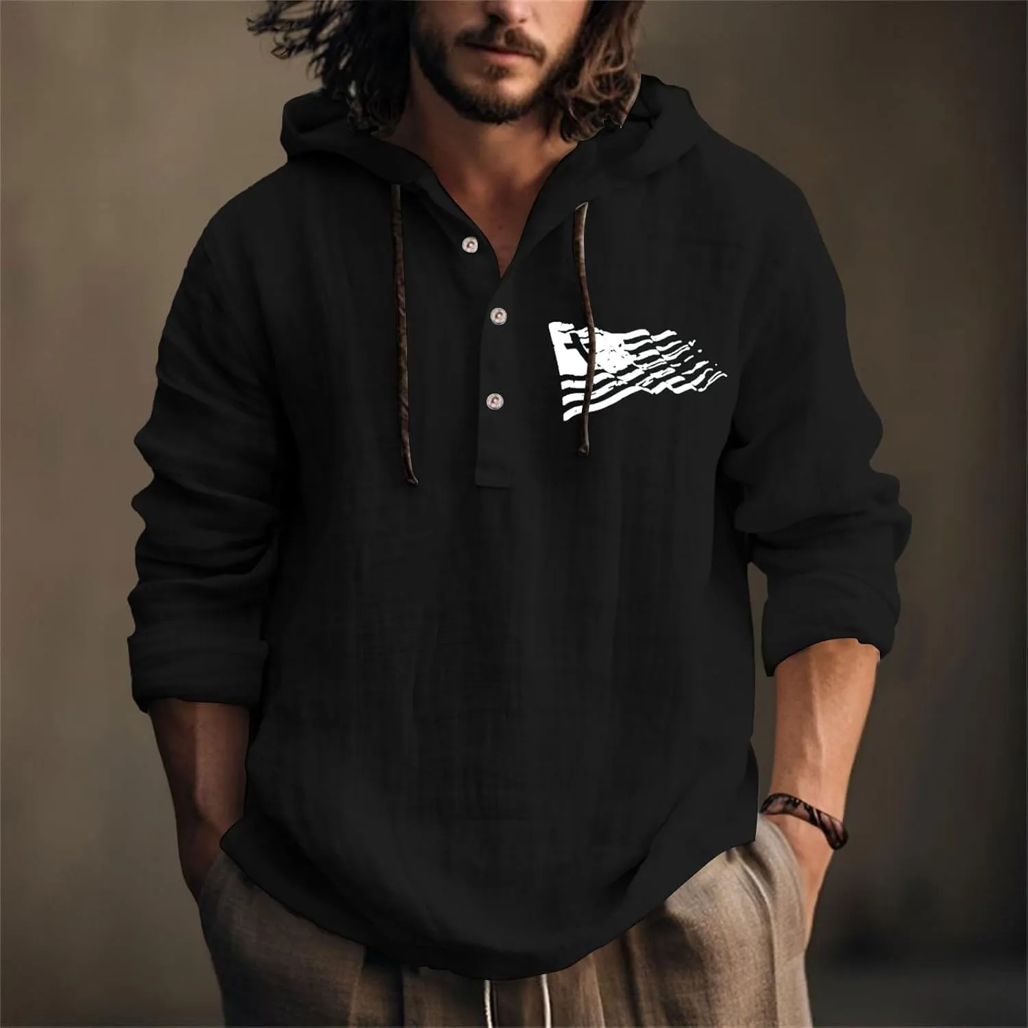 4th of July Linen Henley Shirts for Men Big and Tall USA Flag Printed Button up Collar Hoodies Lightweight