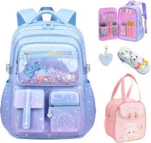 5PCS Kids Backpack Set Cute School Backpack for Girls Kawaii Teen Schoolbag Multi-pocket Laptop Bag, Large Capacity Double Shoulder Backpack 16.5in Dreamy Daypack for Primary Elementary School, Blue