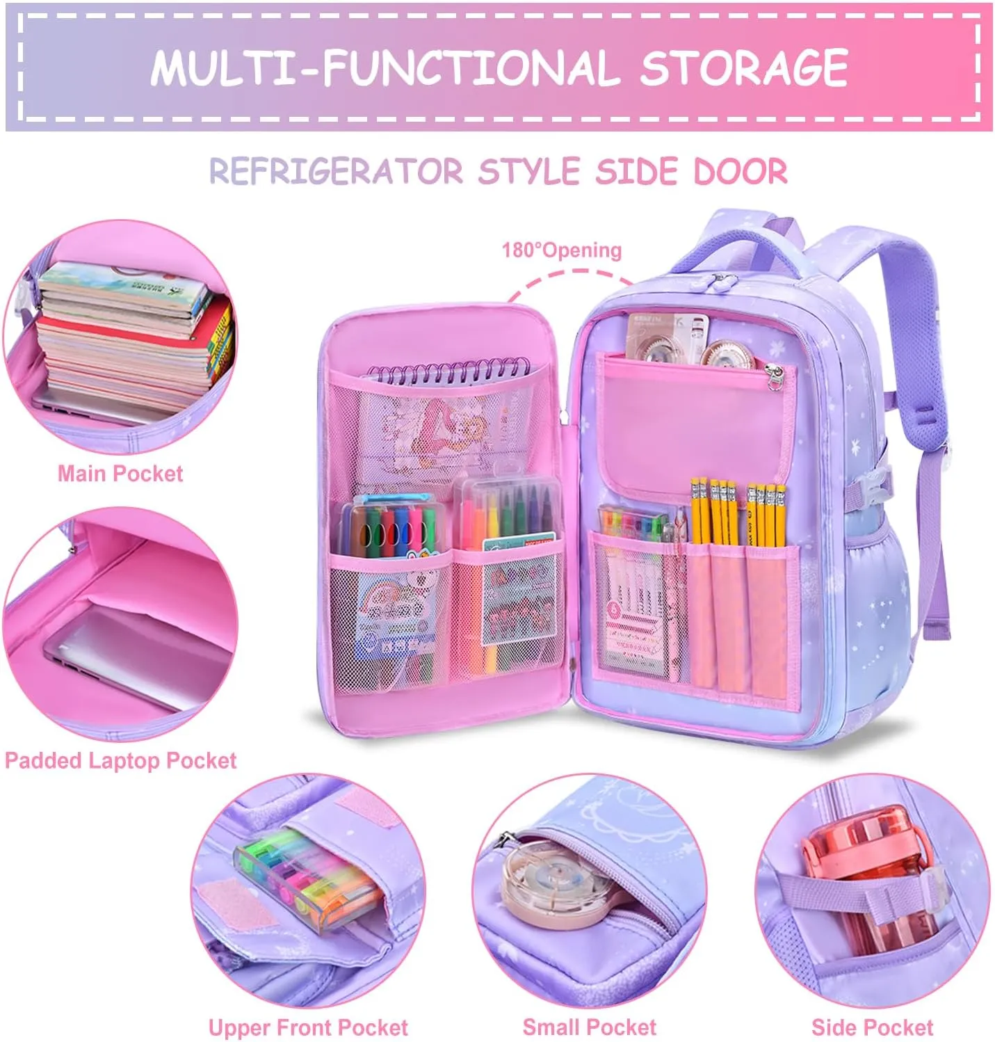 5PCS Kids Backpack Set Cute School Backpack for Girls Kawaii Teen Schoolbag Multi-pocket Laptop Bag, Large Capacity Double Shoulder Backpack 16.5in Dreamy Daypack for Primary Elementary School, Blue