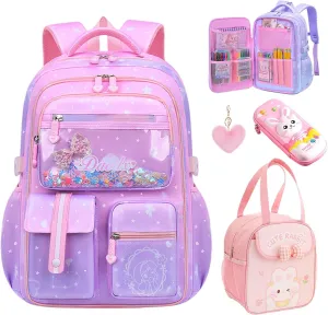 5PCS Kids Backpack Set Cute School Backpack for Girls Kawaii Teen Schoolbag Multi-pocket Laptop Bag, Large Capacity Double Shoulder Backpack 16.5in Dreamy Daypack for Primary Elementary School, Pink