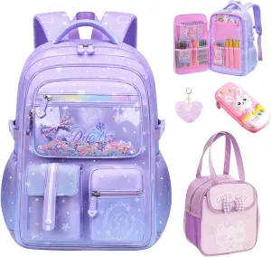 5PCS Kids Backpack Set Cute School Backpack for Girls Kawaii Teen Schoolbag Multi-pocket Laptop Bag, Large Capacity Double Shoulder Backpack 16.5in Dreamy Daypack for Primary Elementary School, Purple