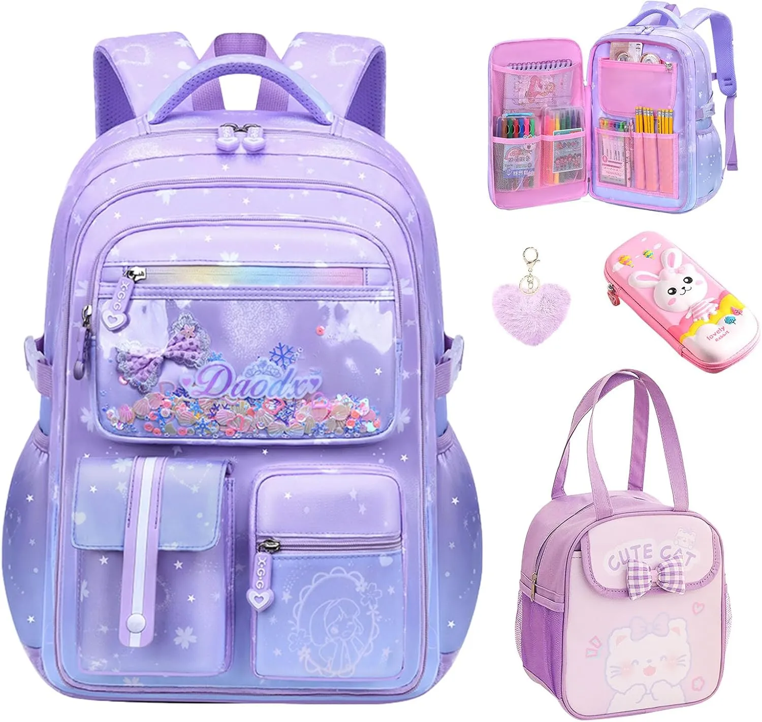 5PCS Kids Backpack Set Cute School Backpack for Girls Kawaii Teen Schoolbag Multi-pocket Laptop Bag, Large Capacity Double Shoulder Backpack 16.5in Dreamy Daypack for Primary Elementary School, Purple
