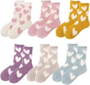 6 Pairs Heart Fuzzy Socks Cozy Winter Warm Socks Thick Fluffy Slipper Socks for Women Teen Girls