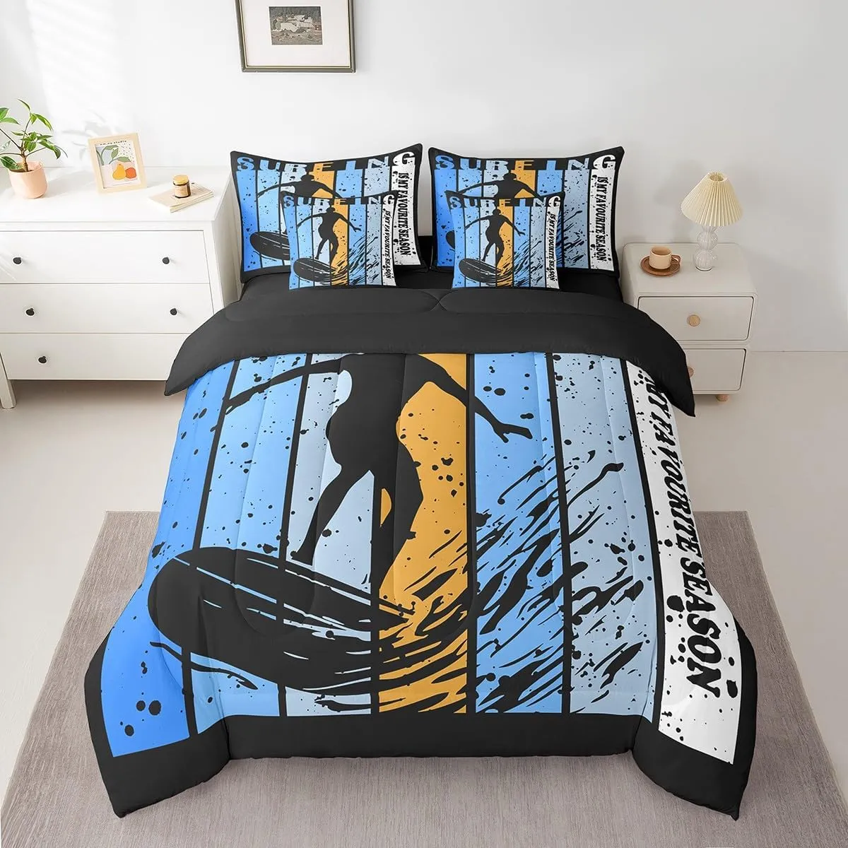 7 Pcs Surfing Bed in a Bag Twin for Boys Girls Kids Sports Themed Bedding Set, Geometry Stripes Print Comforter Set with Sheets Surfing Decor Bed Set for Surfing Players Team, Surfing Game Sheet Set