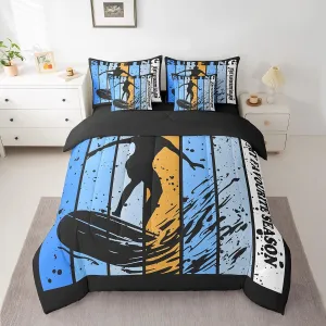 7 Pcs Surfing Bed in a Bag Twin for Boys Girls Kids Sports Themed Bedding Set, Geometry Stripes Print Comforter Set with Sheets Surfing Decor Bed Set for Surfing Players Team, Surfing Game Sheet Set