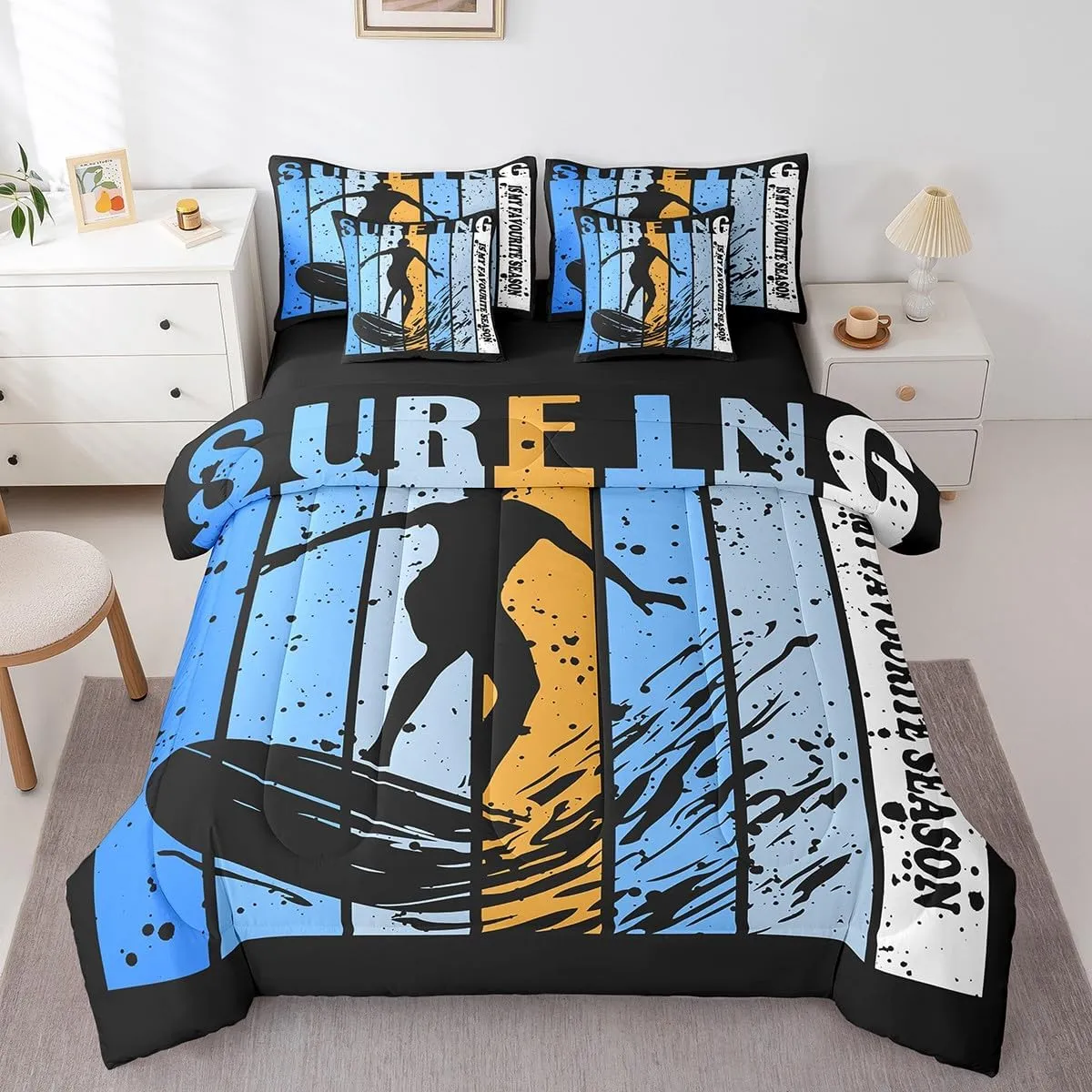 7 Pcs Surfing Bed in a Bag Twin for Boys Girls Kids Sports Themed Bedding Set, Geometry Stripes Print Comforter Set with Sheets Surfing Decor Bed Set for Surfing Players Team, Surfing Game Sheet Set