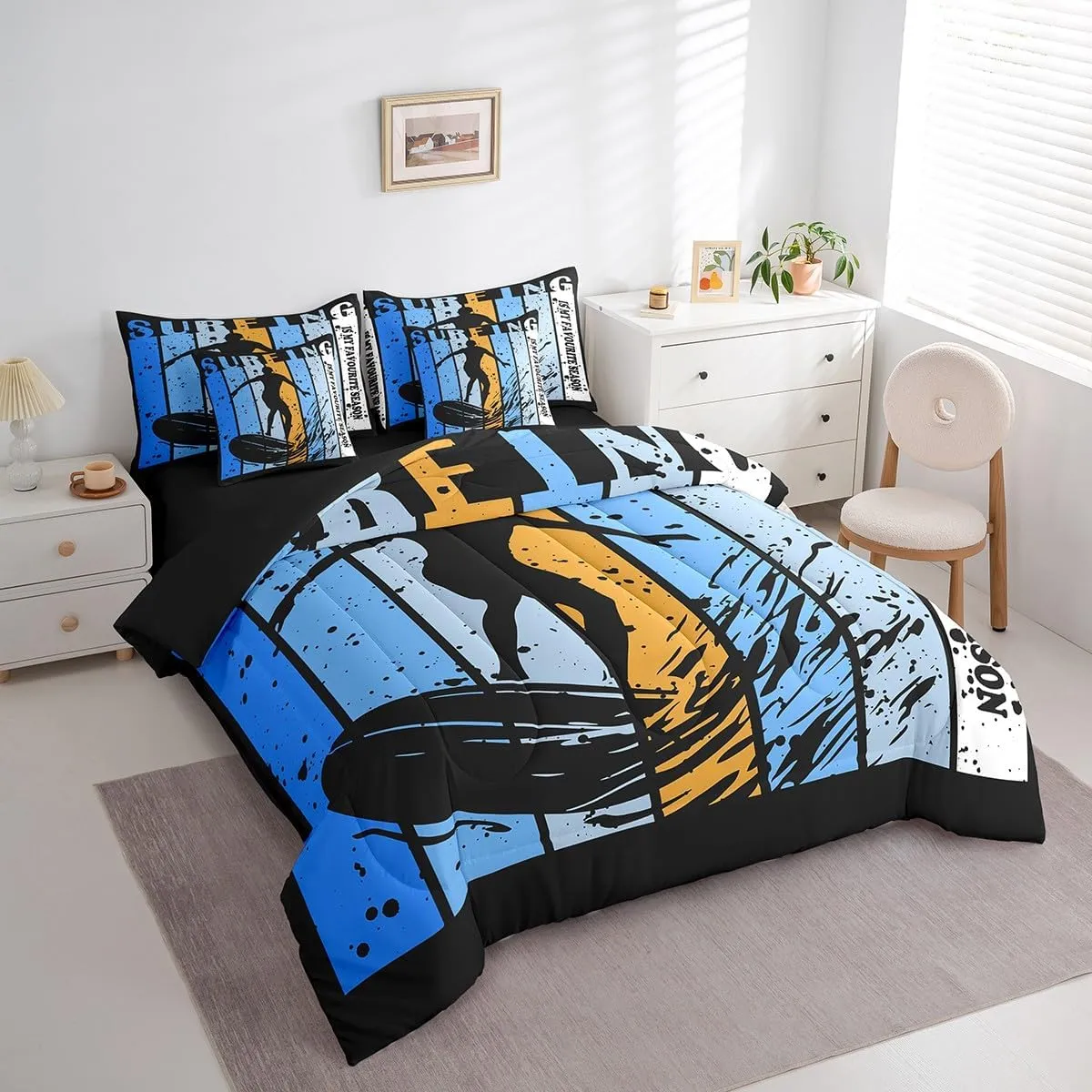 7 Pcs Surfing Bed in a Bag Twin for Boys Girls Kids Sports Themed Bedding Set, Geometry Stripes Print Comforter Set with Sheets Surfing Decor Bed Set for Surfing Players Team, Surfing Game Sheet Set