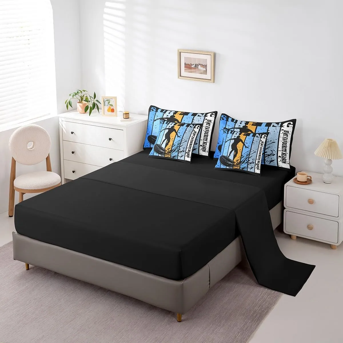 7 Pcs Surfing Bed in a Bag Twin for Boys Girls Kids Sports Themed Bedding Set, Geometry Stripes Print Comforter Set with Sheets Surfing Decor Bed Set for Surfing Players Team, Surfing Game Sheet Set