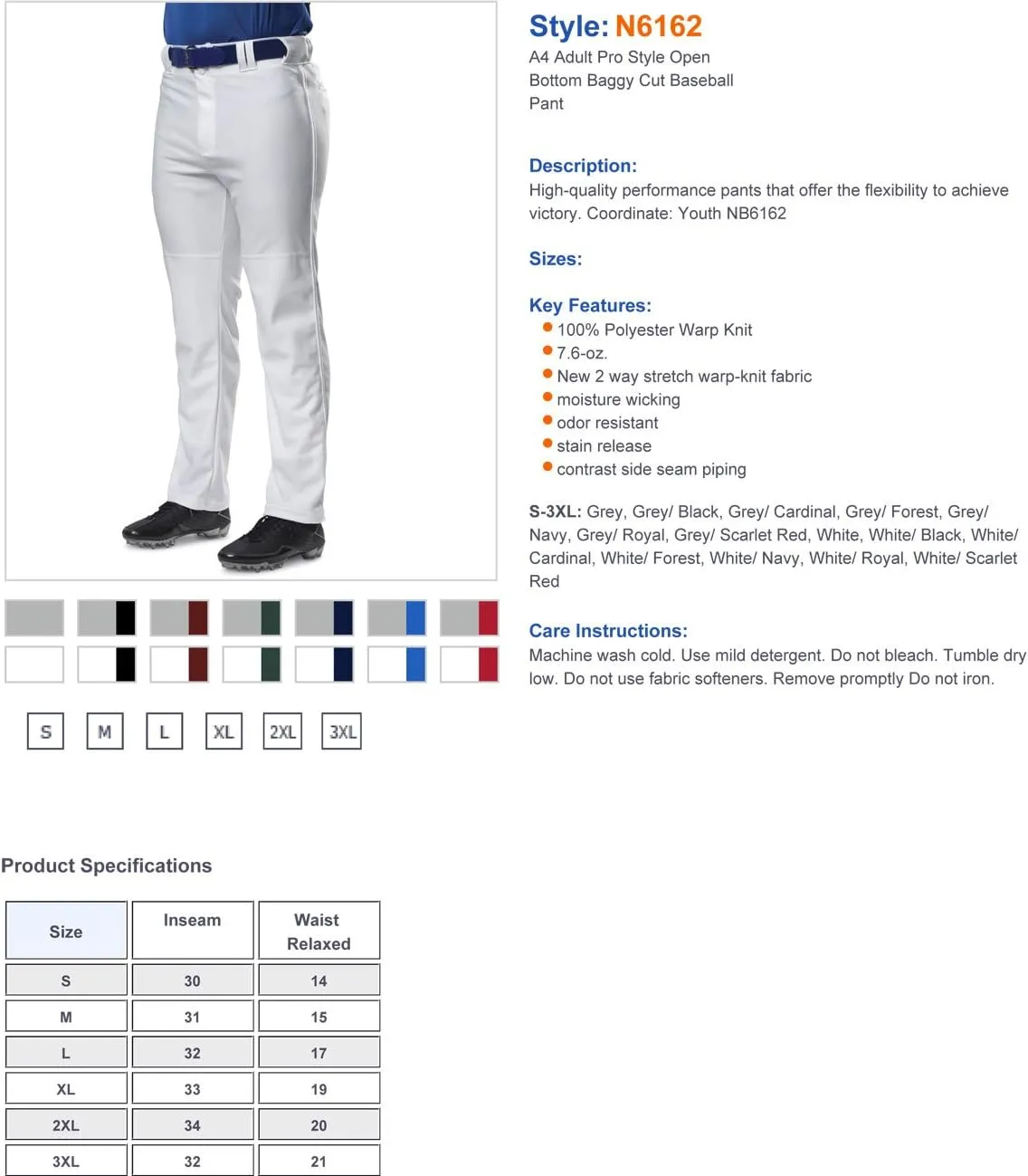 A4 Men's Pro-Style Open Bottom Baseball Pant