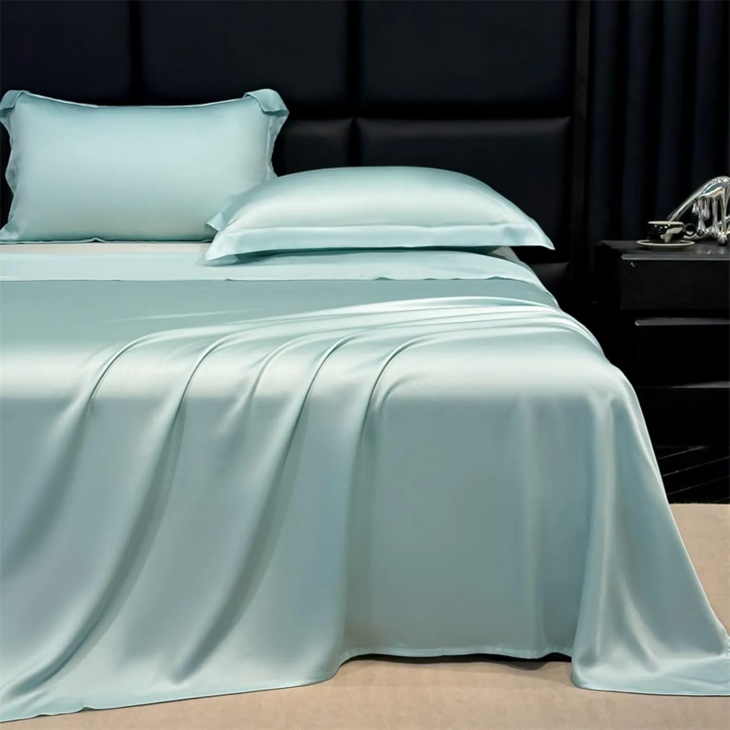 AETVRNI Luxury 3 Pieces Super Soft Solid Color Silky Sheet Set for Spring Summer Fall Winter,Silk Feel Polyester Sheet Set (1 Flat Sheet 2 Pillowcases),B,Twin/Twin XL