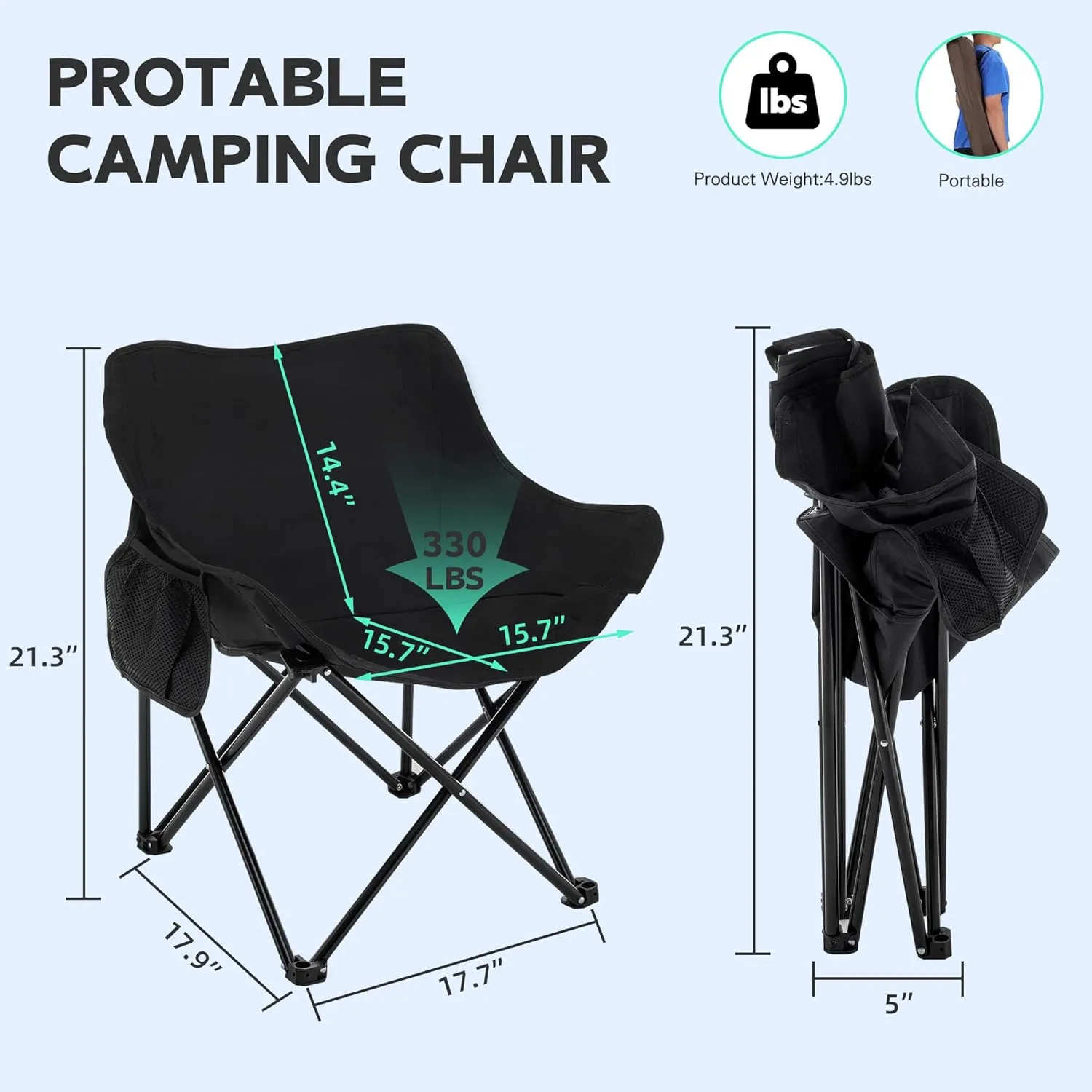 Alunaune Black Camping Chairs Folding Lawn Chair, Portable Beach Picnic Backpacking Chair for Adults Outdoor Sports Hiking Travel Fishing with Side Pocket Wide Seat