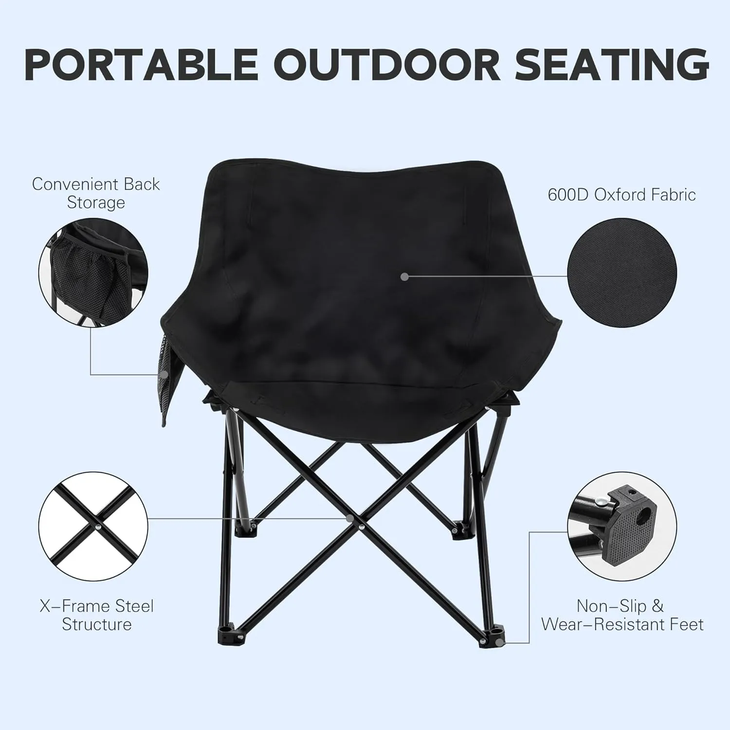 Alunaune Black Camping Chairs Folding Lawn Chair, Portable Beach Picnic Backpacking Chair for Adults Outdoor Sports Hiking Travel Fishing with Side Pocket Wide Seat