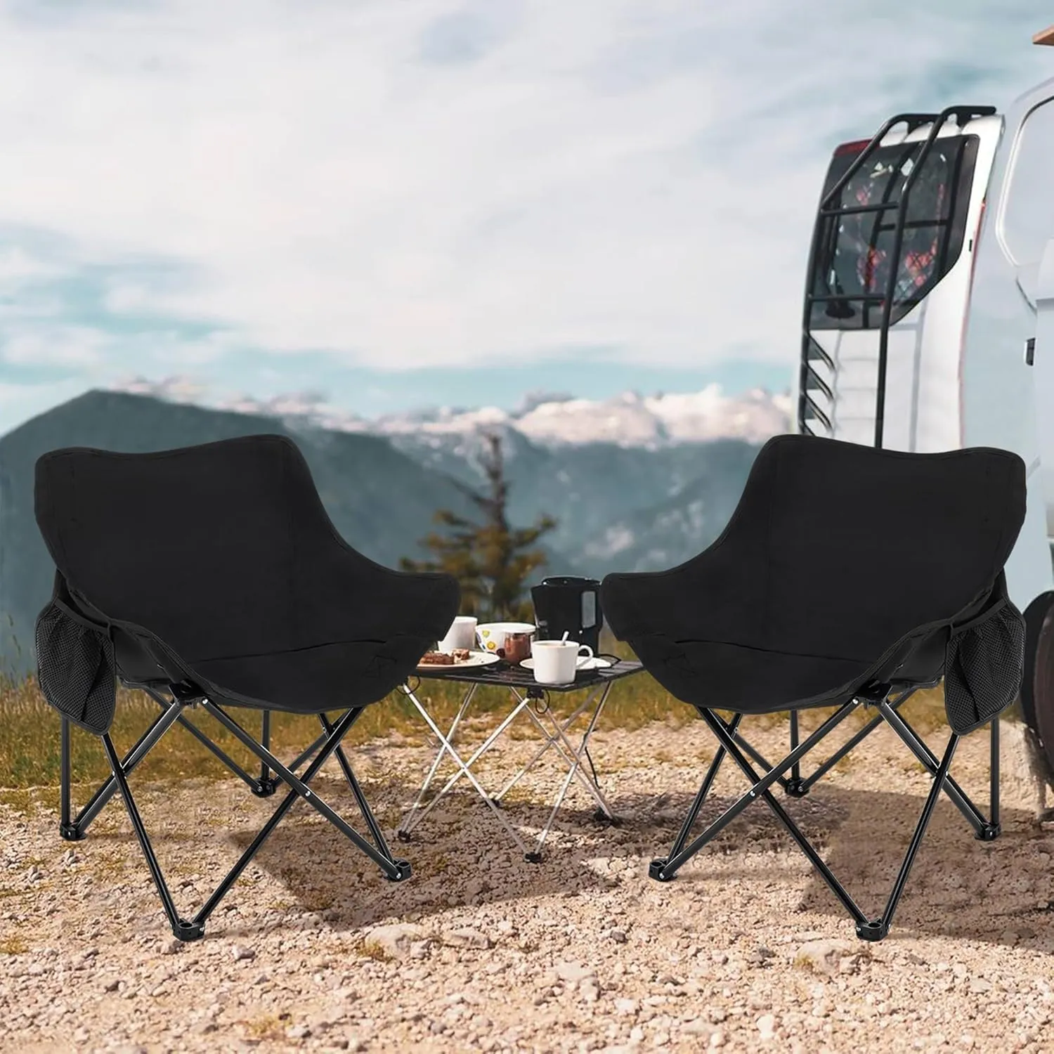 Alunaune Black Camping Chairs Folding Lawn Chair, Portable Beach Picnic Backpacking Chair for Adults Outdoor Sports Hiking Travel Fishing with Side Pocket Wide Seat