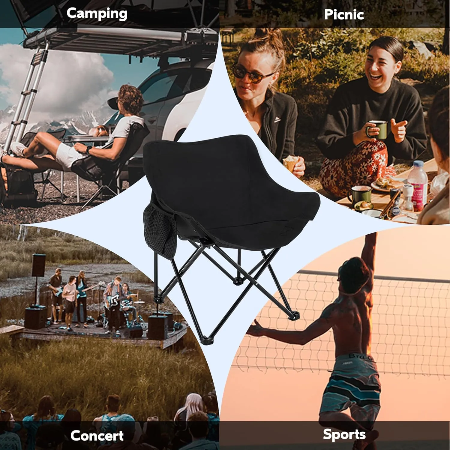 Alunaune Black Camping Chairs Folding Lawn Chair, Portable Beach Picnic Backpacking Chair for Adults Outdoor Sports Hiking Travel Fishing with Side Pocket Wide Seat