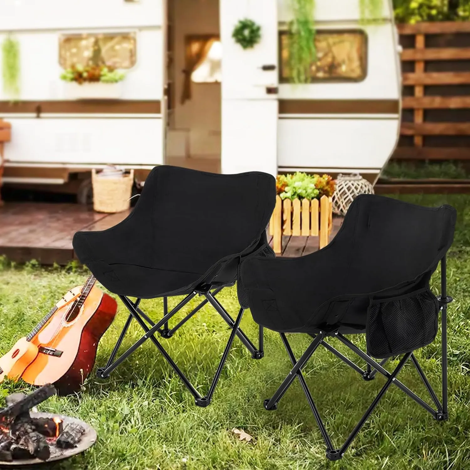 Alunaune Black Camping Chairs Folding Lawn Chair, Portable Beach Picnic Backpacking Chair for Adults Outdoor Sports Hiking Travel Fishing with Side Pocket Wide Seat