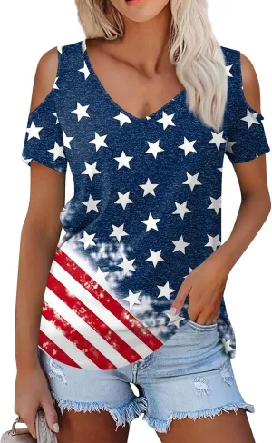 American Flag Patriotic T Shirt Off Shoulder Tops for Women 4th of July Outfits Shirts Casual Short Sleeve Tee Tops