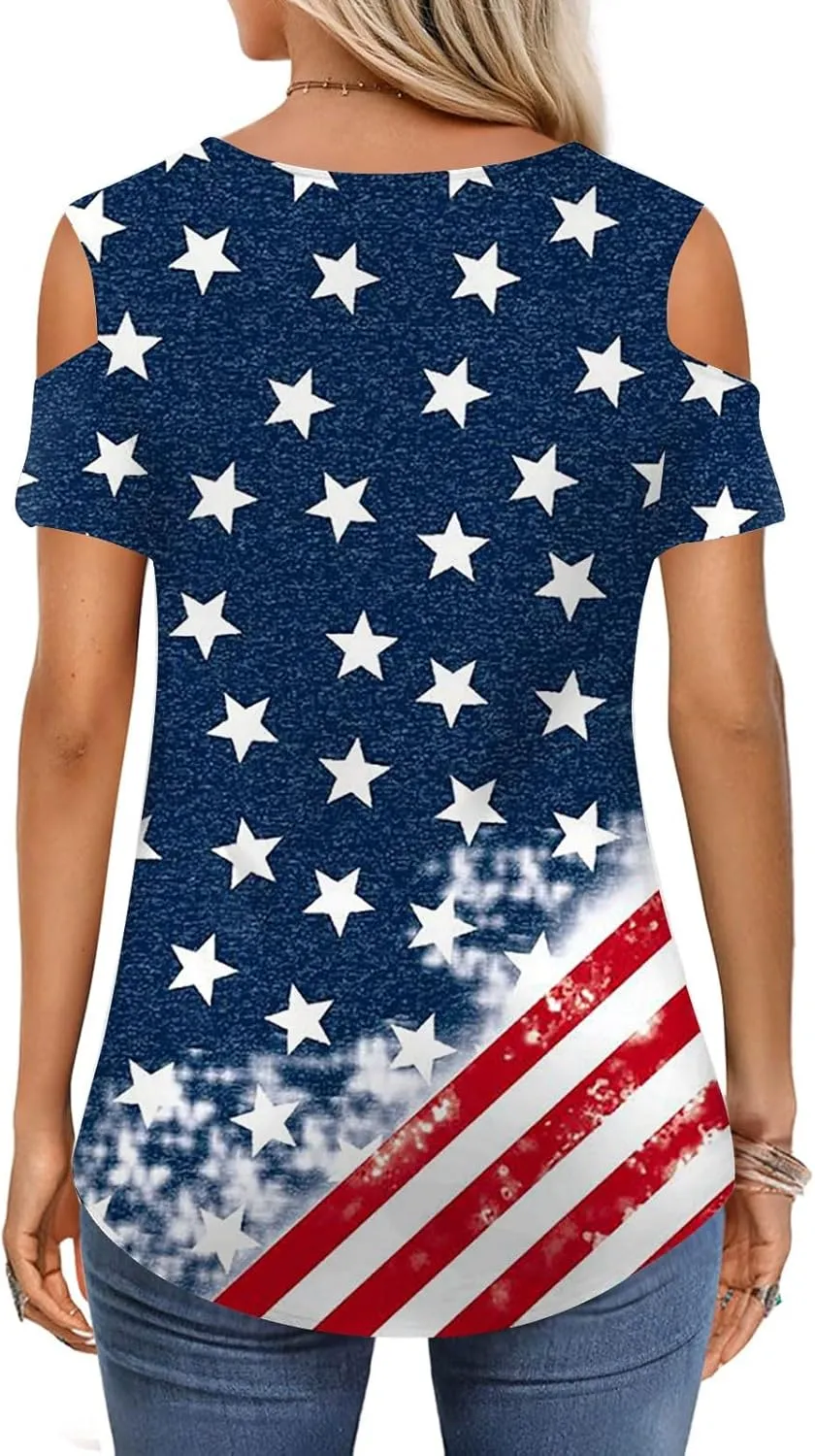 American Flag Patriotic T Shirt Off Shoulder Tops for Women 4th of July Outfits Shirts Casual Short Sleeve Tee Tops