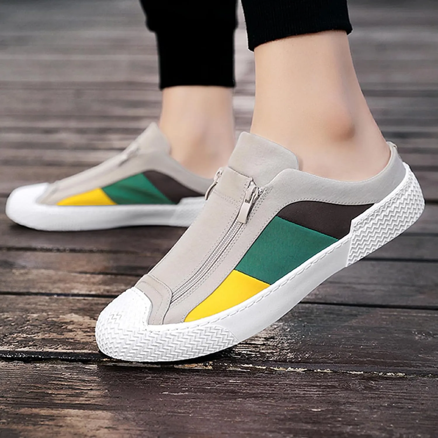 AngryMonkey Men's Slip-On Canvas Mules,Fashion Colorblock Sneakers Dual Zip Backless Breathable Low-top Flat Casual Slippers