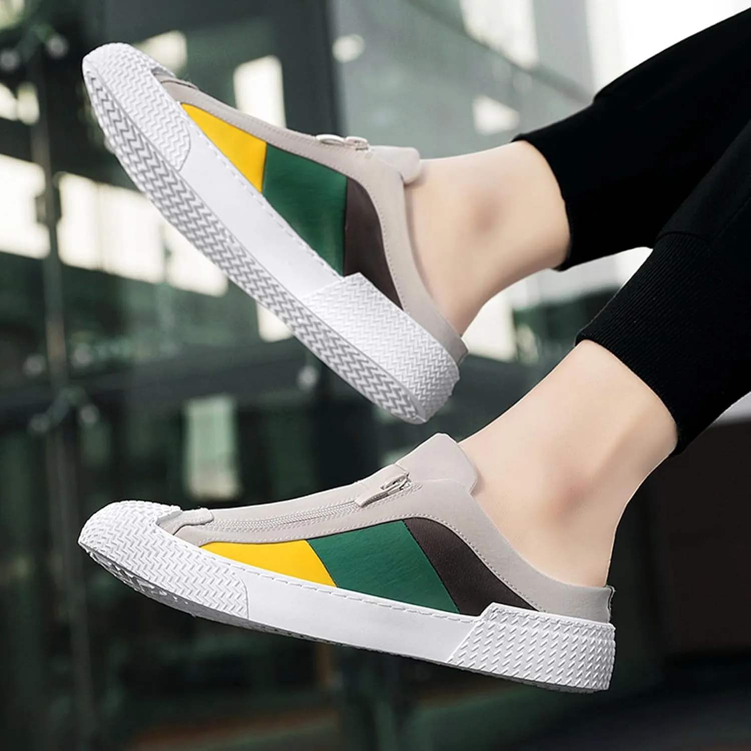 AngryMonkey Men's Slip-On Canvas Mules,Fashion Colorblock Sneakers Dual Zip Backless Breathable Low-top Flat Casual Slippers