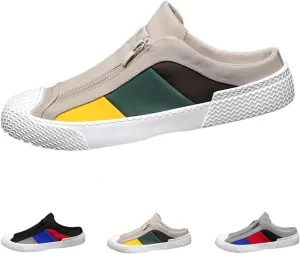 AngryMonkey Men's Slip-On Canvas Mules,Fashion Colorblock Sneakers Dual Zip Backless Breathable Low-top Flat Casual Slippers