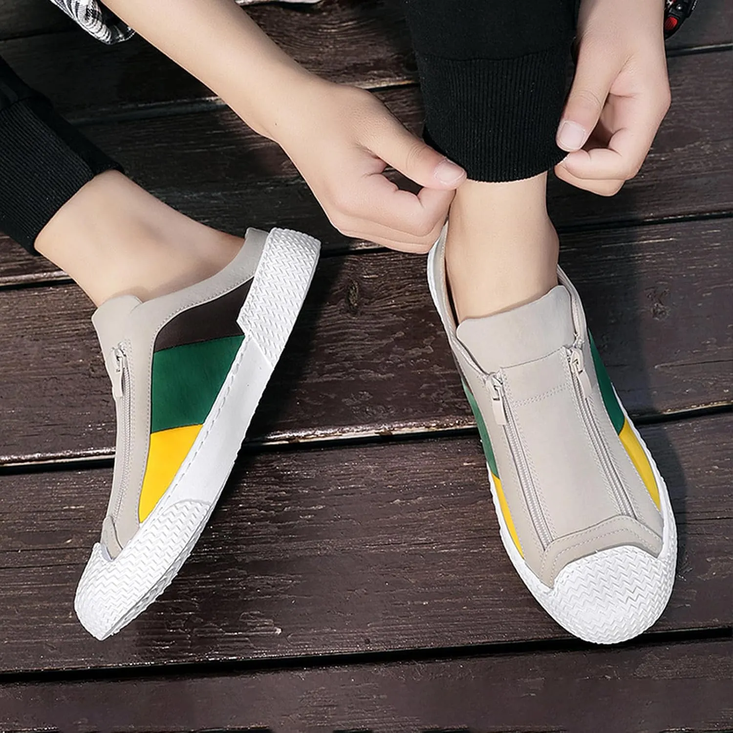 AngryMonkey Men's Slip-On Canvas Mules,Fashion Colorblock Sneakers Dual Zip Backless Breathable Low-top Flat Casual Slippers