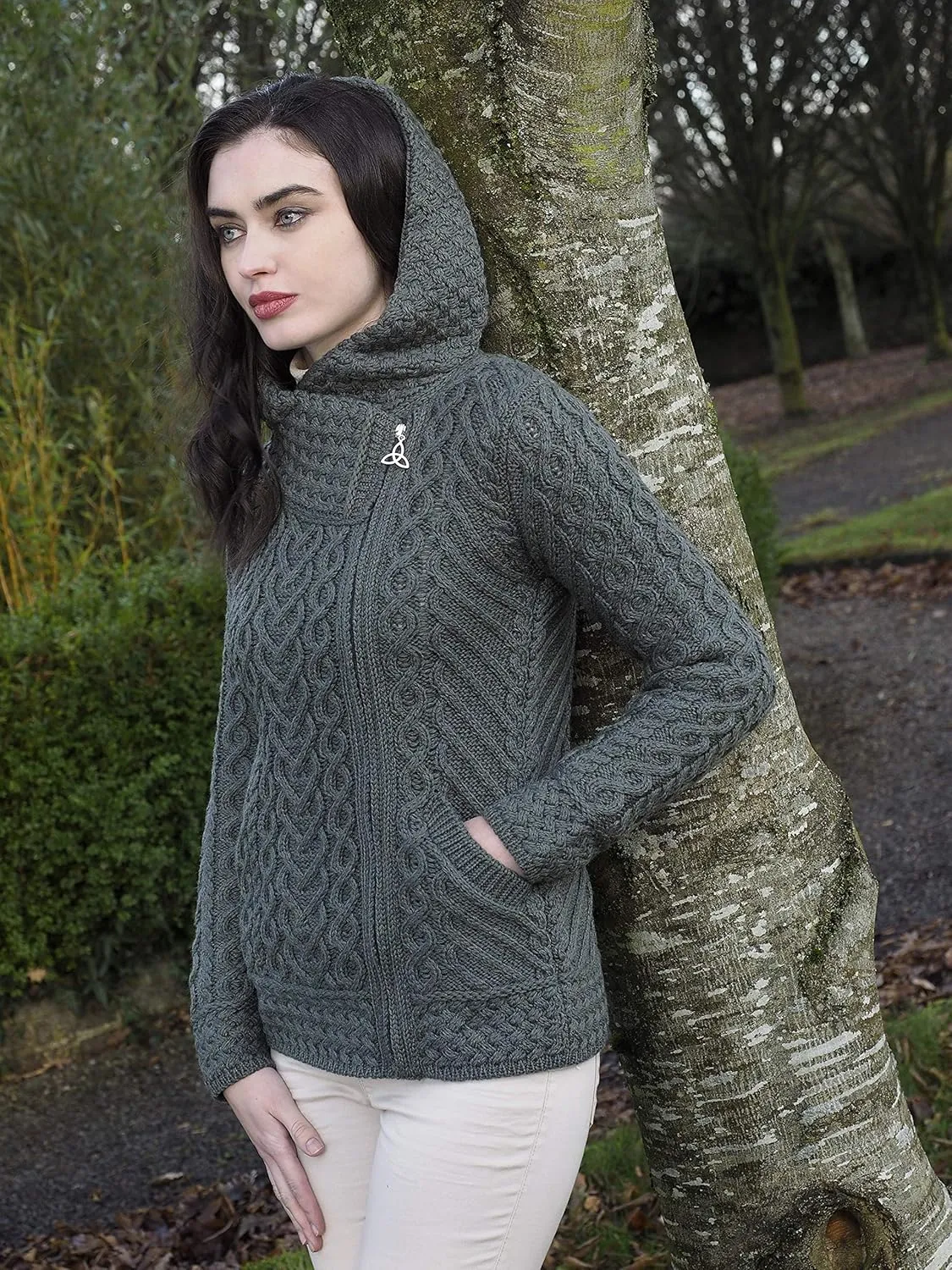Aran Crafts Women's Cable Knit Comfortable Side Zip Hoodie (100% Merino Wool)