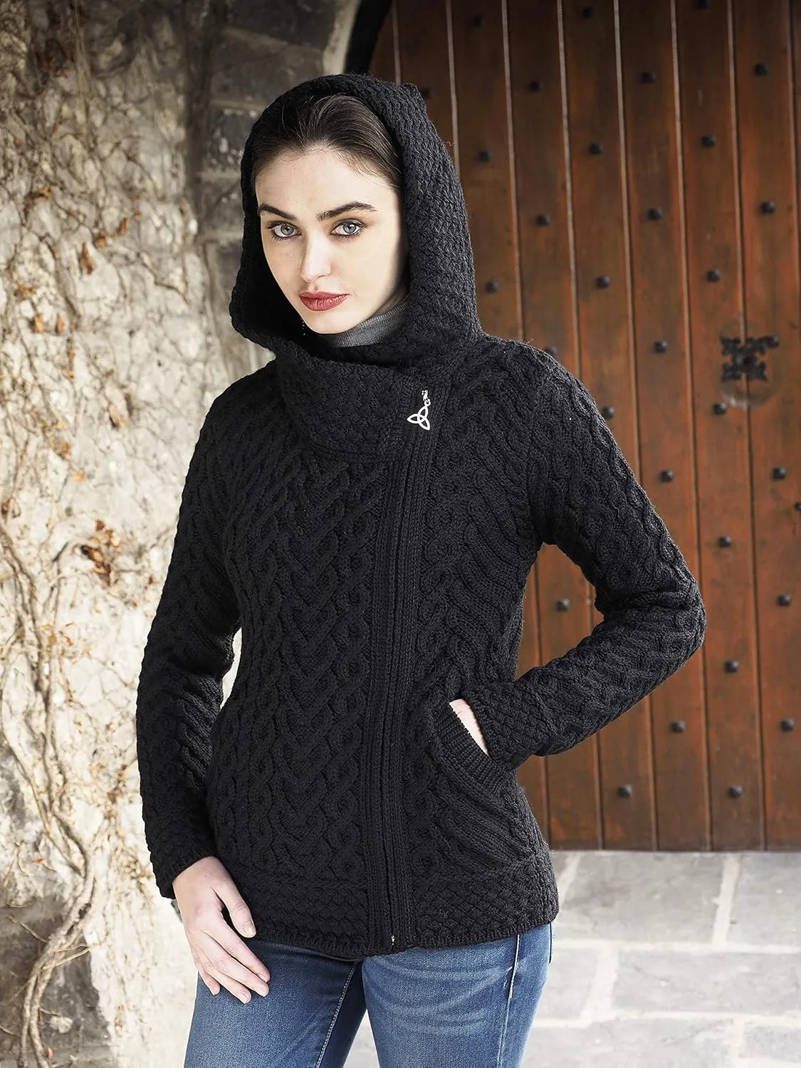 Aran Crafts Women's Cable Knit Comfortable Side Zip Hoodie (100% Merino Wool)