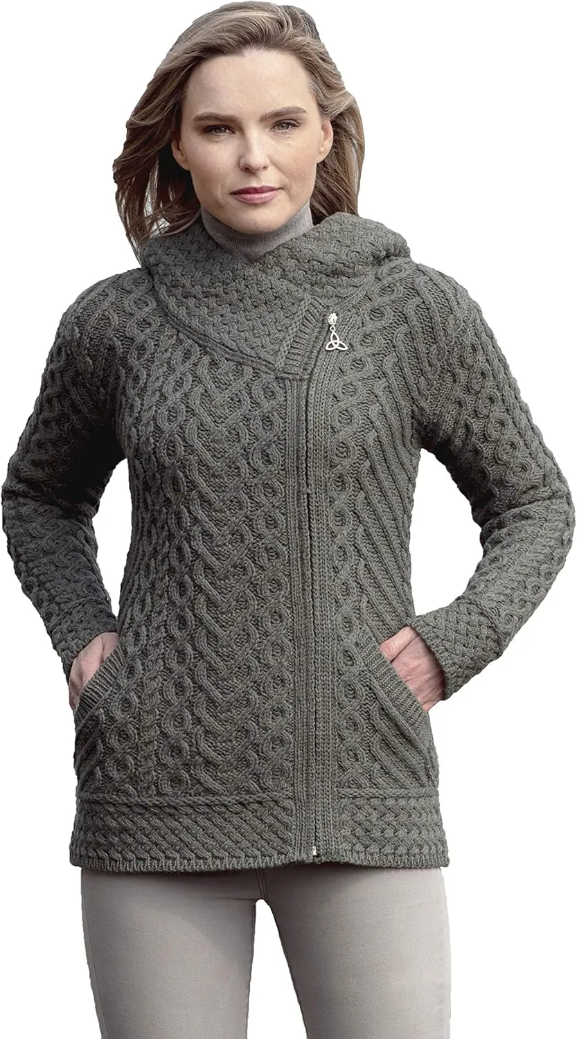 Aran Crafts Women's Cable Knit Comfortable Side Zip Hoodie (100% Merino Wool)