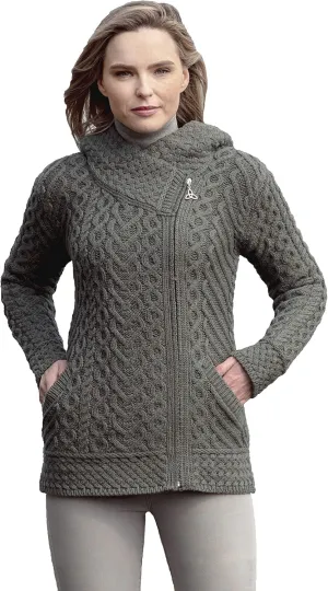 Aran Crafts Women's Cable Knit Comfortable Side Zip Hoodie (100% Merino Wool)