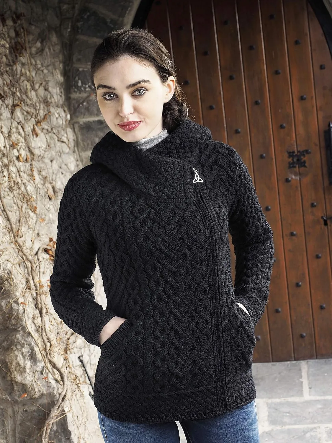 Aran Crafts Women's Cable Knit Comfortable Side Zip Hoodie (100% Merino Wool)
