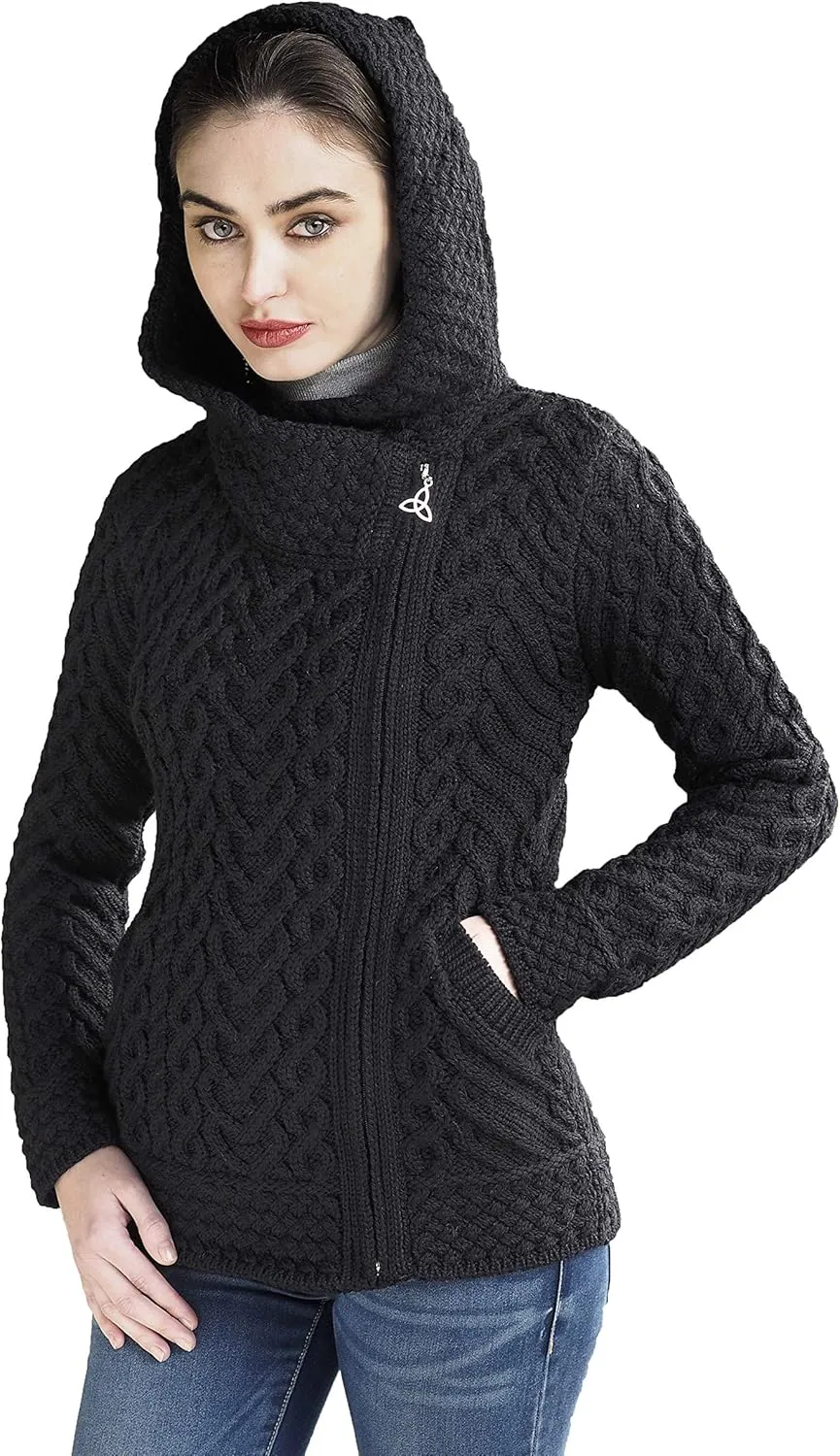 Aran Crafts Women's Cable Knit Comfortable Side Zip Hoodie (100% Merino Wool)