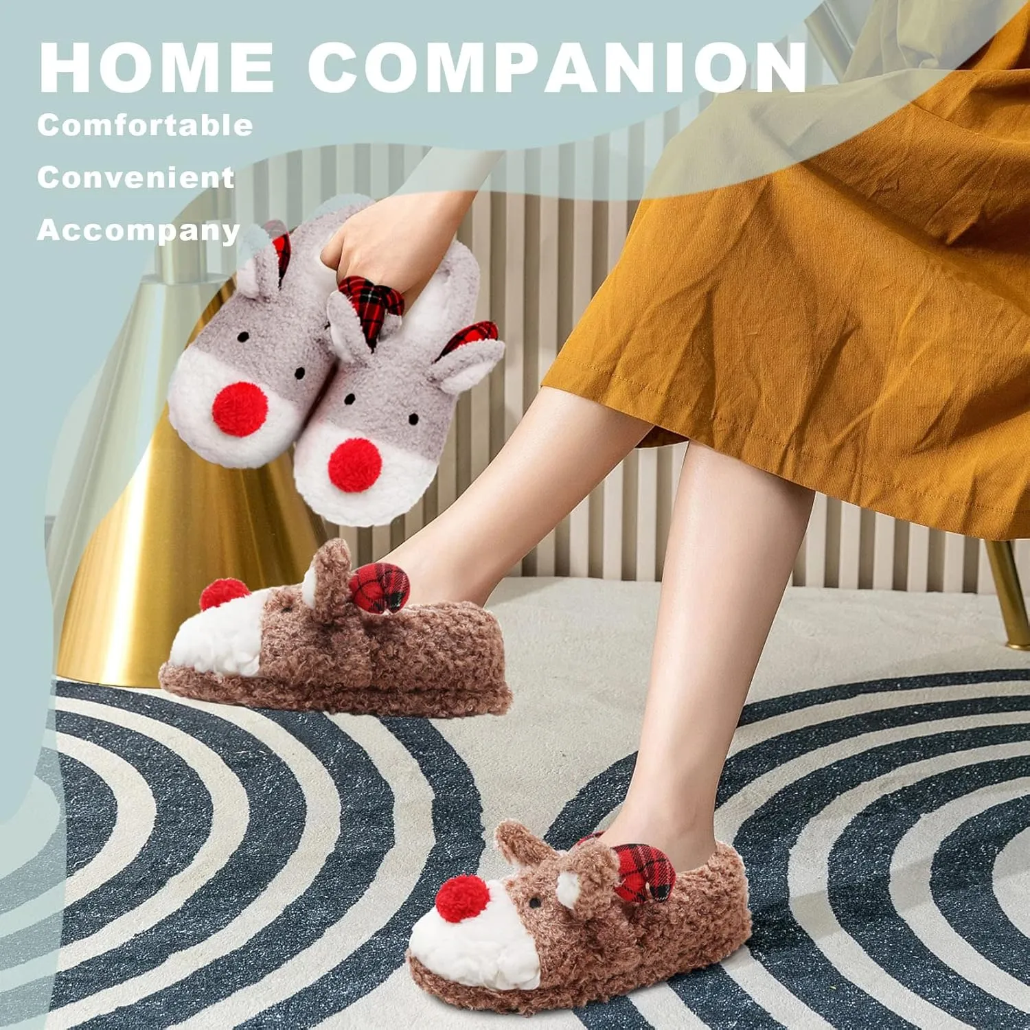 ASHION Women's Cute Fuzzy Reindeer House Slippers Stuffed Animal Bedroom Slippers Cozy Christmas Indoor Shoes