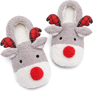 ASHION Women's Cute Fuzzy Reindeer House Slippers Stuffed Animal Bedroom Slippers Cozy Christmas Indoor Shoes