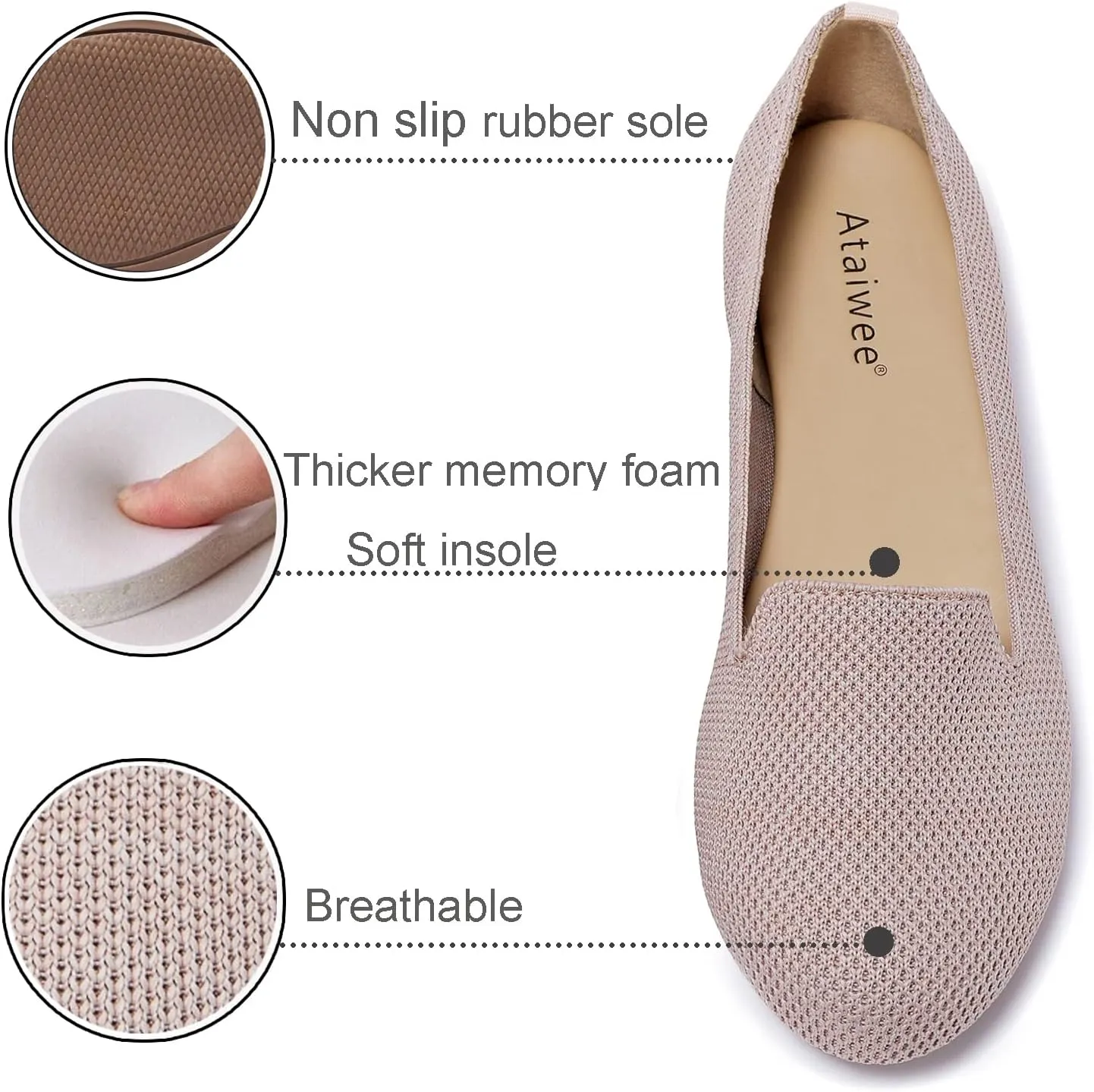 Ataiwee Women's Flat Shoes - Breathable Knitted Fashion Dress Comfortable Ballet Flats.