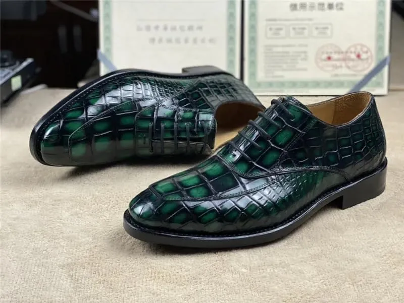 Authentic Crocodile Belly Skin 100% Handmade Men's Party Dress Shoes Genuine Alligator Leather Male Lace-up Green Oxford Shoes