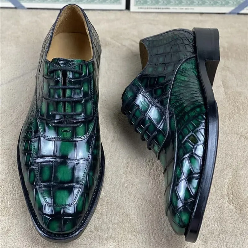 Authentic Crocodile Belly Skin 100% Handmade Men's Party Dress Shoes Genuine Alligator Leather Male Lace-up Green Oxford Shoes