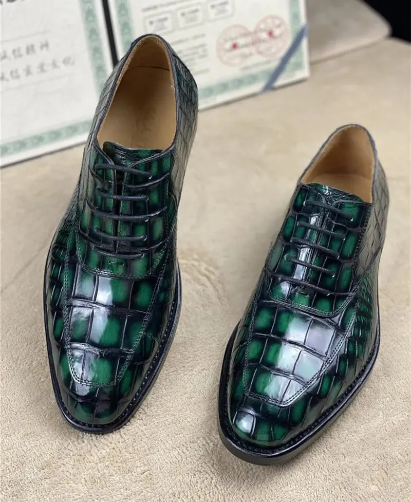 Authentic Crocodile Belly Skin 100% Handmade Men's Party Dress Shoes Genuine Alligator Leather Male Lace-up Green Oxford Shoes