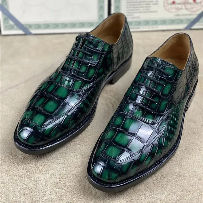 Authentic Crocodile Belly Skin 100% Handmade Men's Party Dress Shoes Genuine Alligator Leather Male Lace-up Green Oxford Shoes