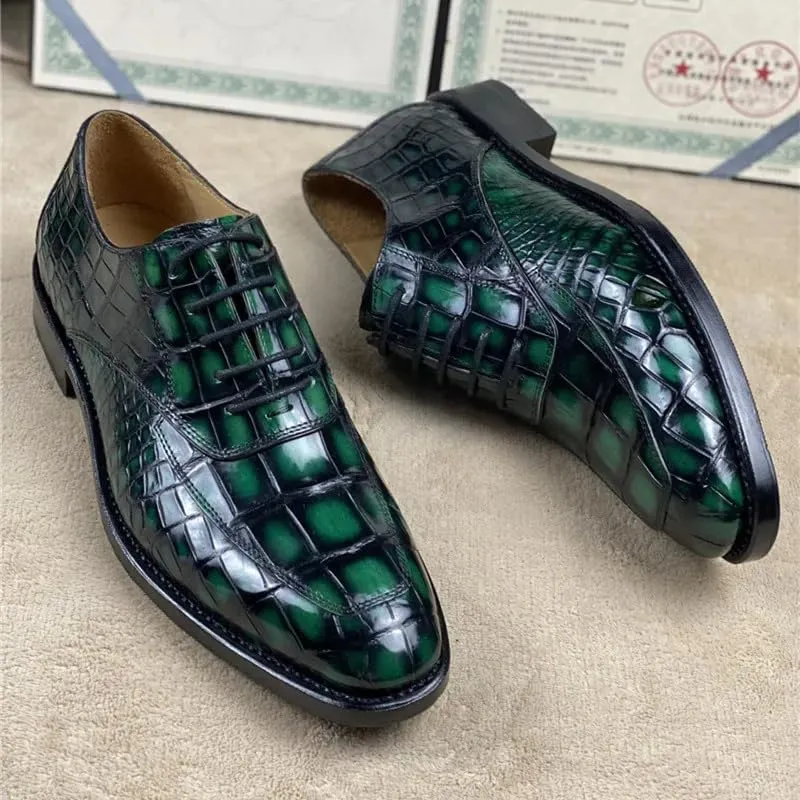 Authentic Crocodile Belly Skin 100% Handmade Men's Party Dress Shoes Genuine Alligator Leather Male Lace-up Green Oxford Shoes