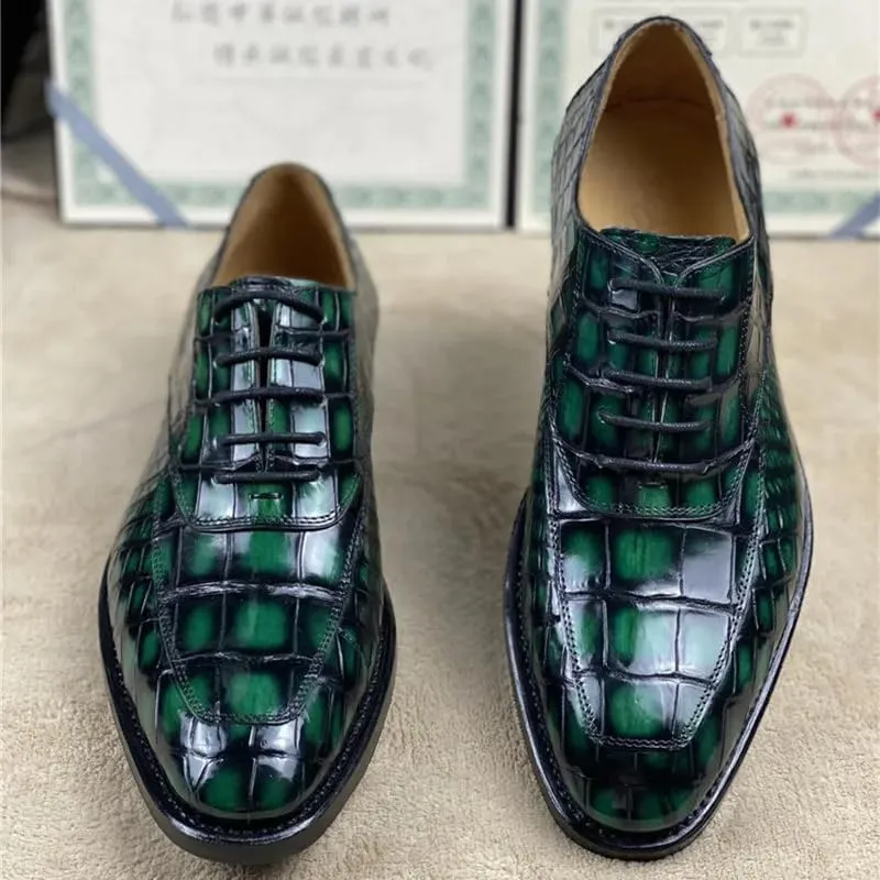 Authentic Crocodile Belly Skin 100% Handmade Men's Party Dress Shoes Genuine Alligator Leather Male Lace-up Green Oxford Shoes