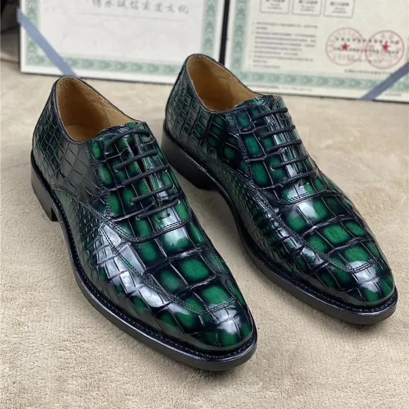 Authentic Crocodile Belly Skin 100% Handmade Men's Party Dress Shoes Genuine Alligator Leather Male Lace-up Green Oxford Shoes