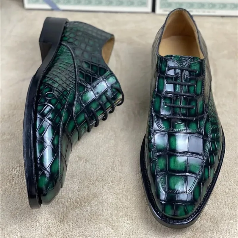 Authentic Crocodile Belly Skin 100% Handmade Men's Party Dress Shoes Genuine Alligator Leather Male Lace-up Green Oxford Shoes