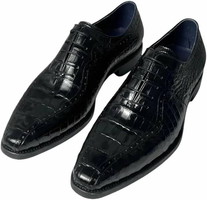 Authentic Crocodile Skin Square-Toe Design Businessmen Dress Shoes Genuine Alligator Leather Handmade Male Lace-up Oxford Shoes, Black