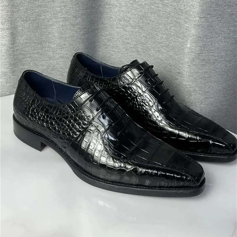 Authentic Crocodile Skin Square-Toe Design Businessmen Dress Shoes Genuine Alligator Leather Handmade Male Lace-up Oxford Shoes, Black