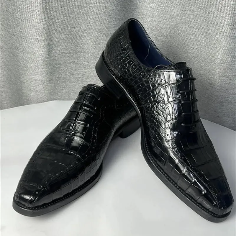 Authentic Crocodile Skin Square-Toe Design Businessmen Dress Shoes Genuine Alligator Leather Handmade Male Lace-up Oxford Shoes, Black